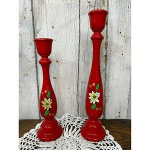 Vintage Candle Holders Christmas Poinsettias Handmade Wooden Candle Holder